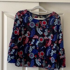 Aqua Floral Mesh Blouse - Blue and Red. Size M